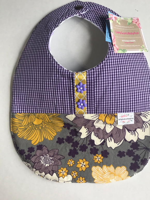 Baby Bib, Large, Reversible, Fully Insulated and Machine Washable, Purple Gigham/Yellow Floral