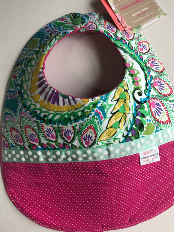 Baby Bib, Large, Reversible, Fully Insulated and Machine Washable, Hot Pink/Water Colors